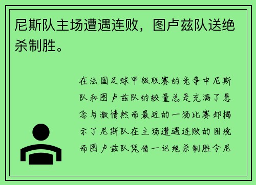 尼斯队主场遭遇连败，图卢兹队送绝杀制胜。