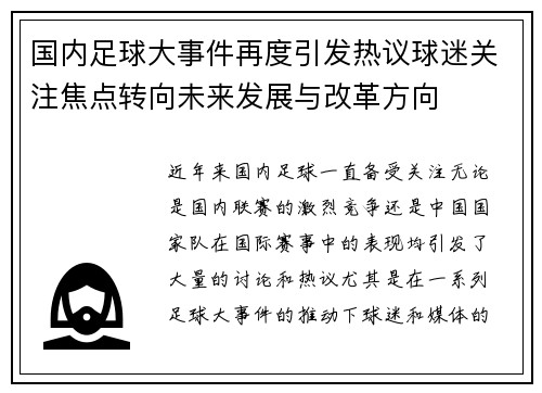 国内足球大事件再度引发热议球迷关注焦点转向未来发展与改革方向