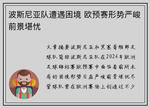 波斯尼亚队遭遇困境 欧预赛形势严峻前景堪忧