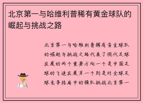 北京第一与哈维利普稀有黄金球队的崛起与挑战之路