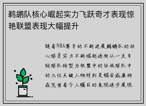 鹈鹕队核心崛起实力飞跃奇才表现惊艳联盟表现大幅提升